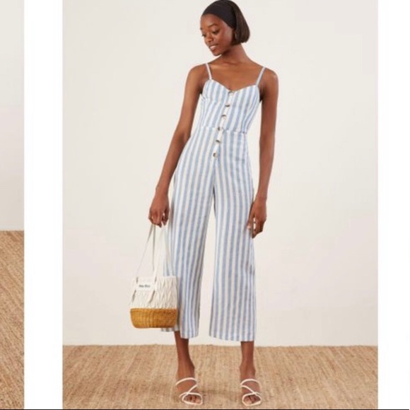 Reformation Pants - Reformation Blue and White Striped Linen Jumpsuit